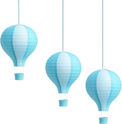 3 Faroles Papel Globo Aerostático Rayas Azul Claro 16pulg