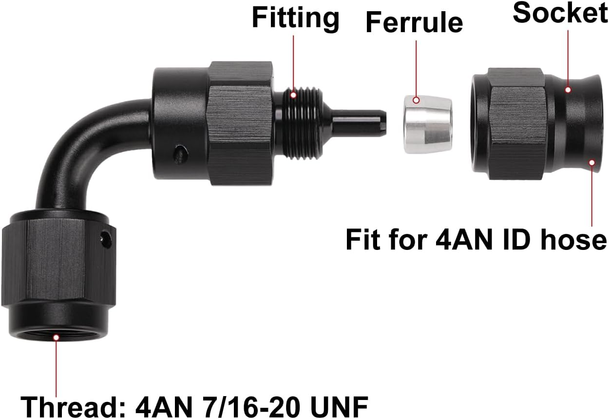 Conexión manguera PTFE codo aluminio negro 90grados