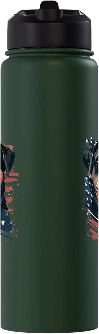 Botella de agua acero inoxidable con imagen perro Rottweiler bandera estadounidense