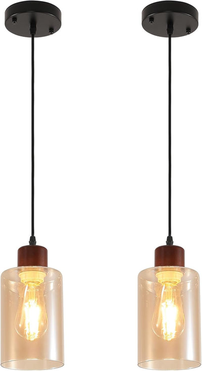 Lámpara colgante madera isla cocina set 2 vidrio ambar