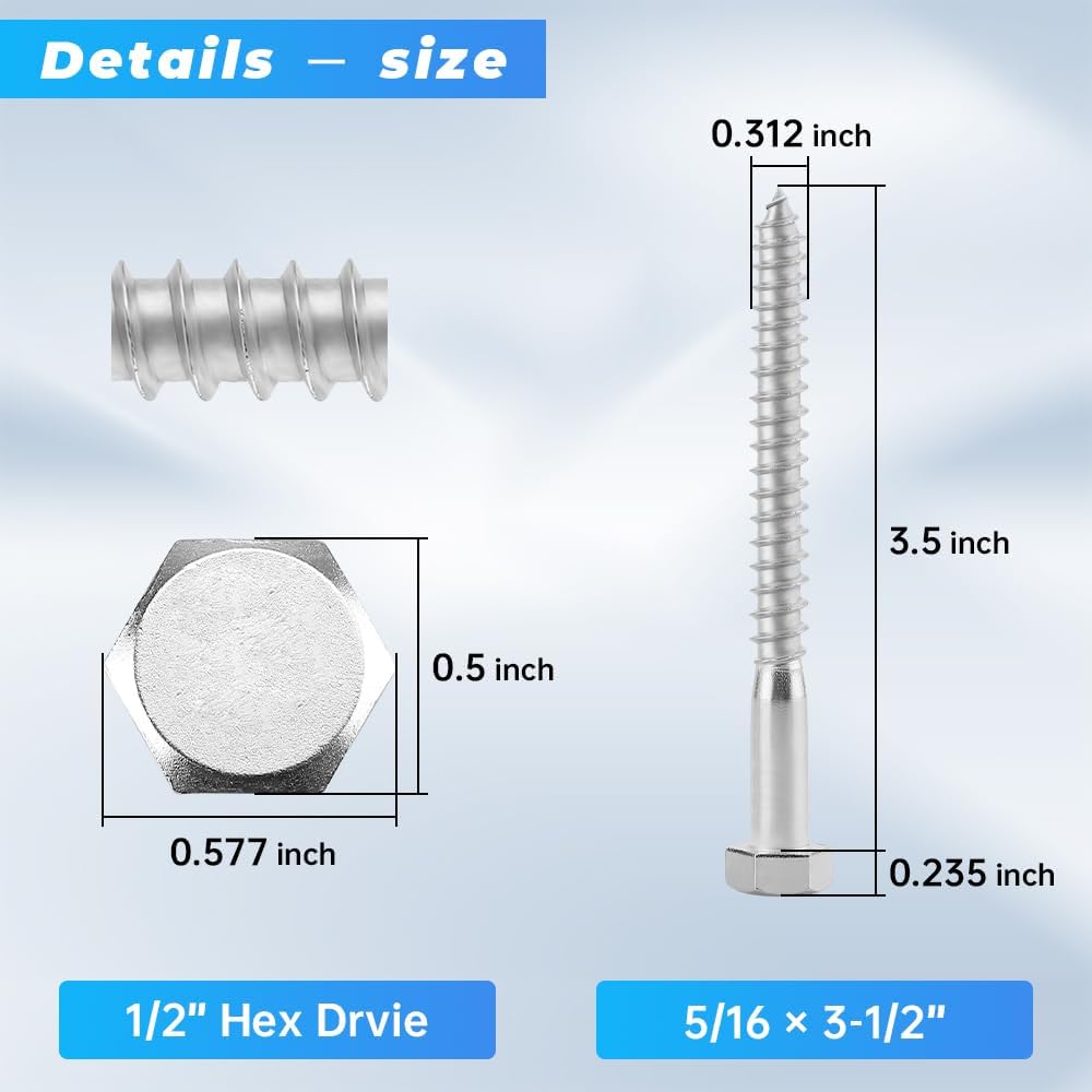 12 Pzas Pernos Hex 5/16x3-1/2 Acero Inox 304 para Madera