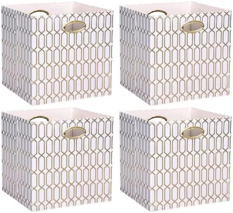 4 Pzas Cubos Almacenamiento Tela 11x11" Blanco/Dorado
