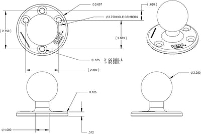 Base bola D 2.25pulg placa 3.68pulg montaje RAM-D-202U