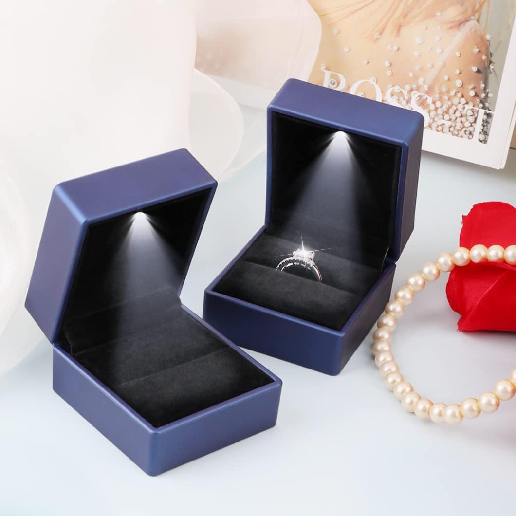 2 Cajas Anillo Azul con Luz LED para Boda y Compromiso