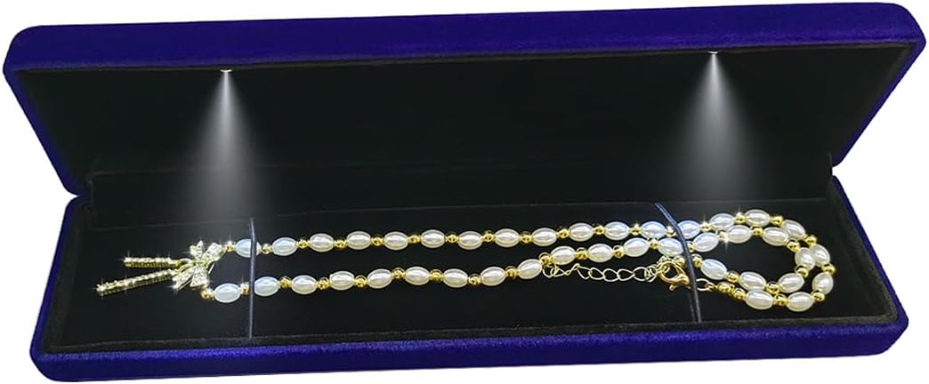 Caja collar cadena terciopelo con luz LED pulsera larga azul
