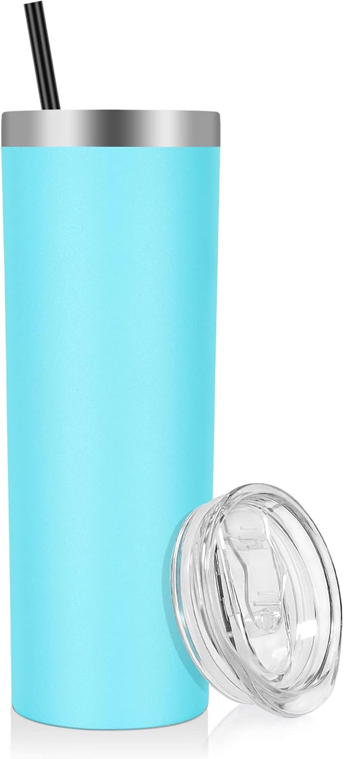 Vaso acero inox 20oz doble pared con tapa y pajita azul