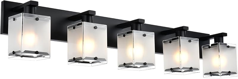Lámpara baño 5 luces negro mate vidrio esmerilado e26