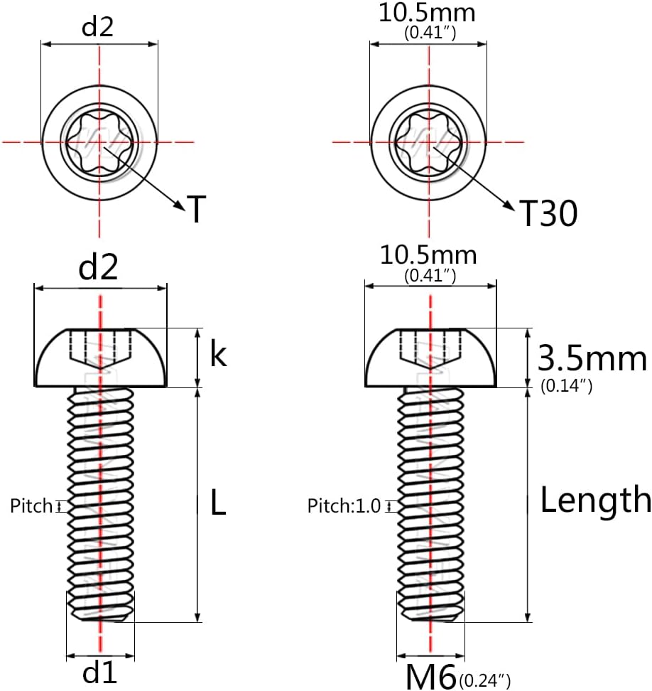 Cabeza botón titanio Torx M6x20mm pack 6 negro