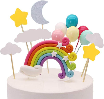 Juego adornos tartas arcoíris banderas globos luna estrellas