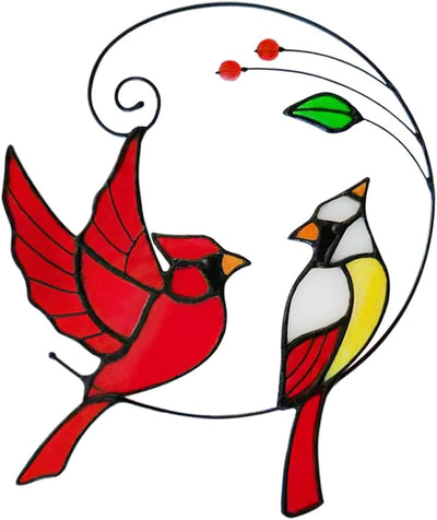 Adorno vitral cardenal rojo en rama con tarjeta