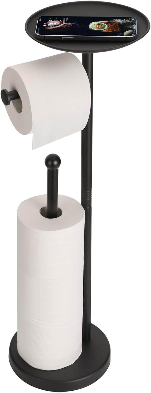 Soporte papel higiénico negro con bandeja acero inox