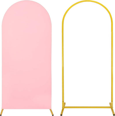 Soporte arco metal y telón elastano rosa para bodas