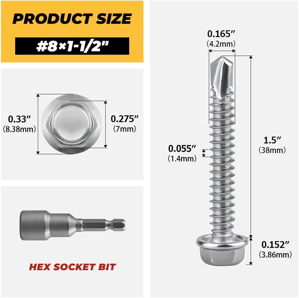 100 Tornillos Hex #8 x 1-1/2pulg Acero Inox 410