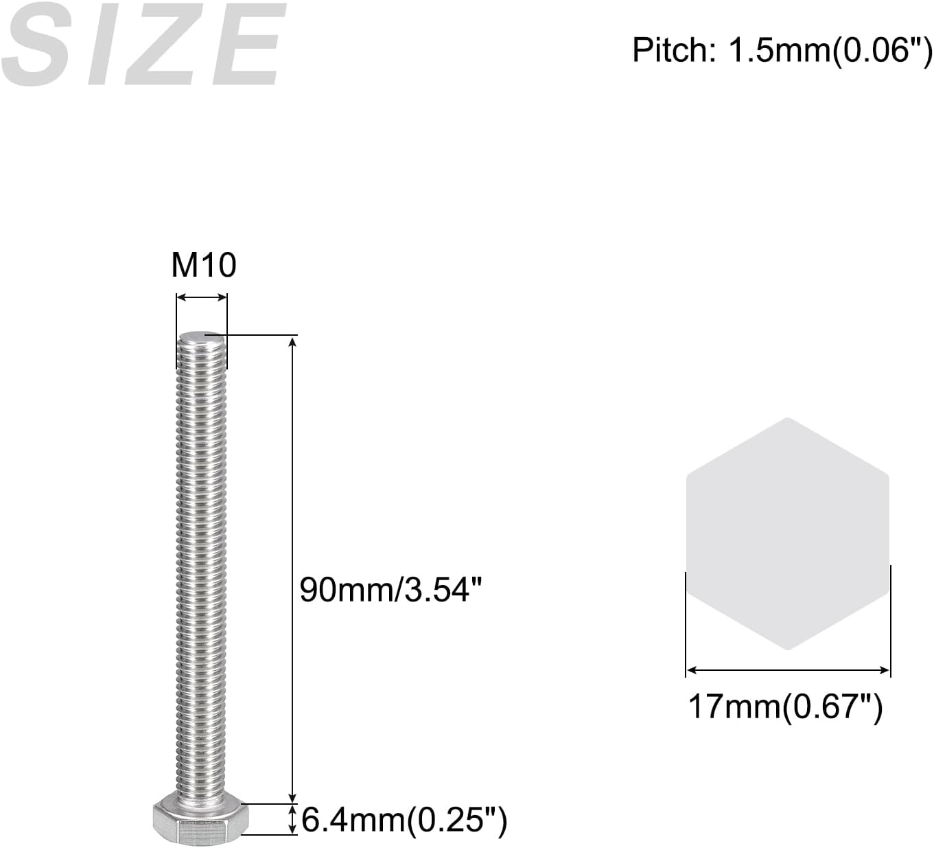 Tornillos hex M10x3.543in acero inox 304 plateado