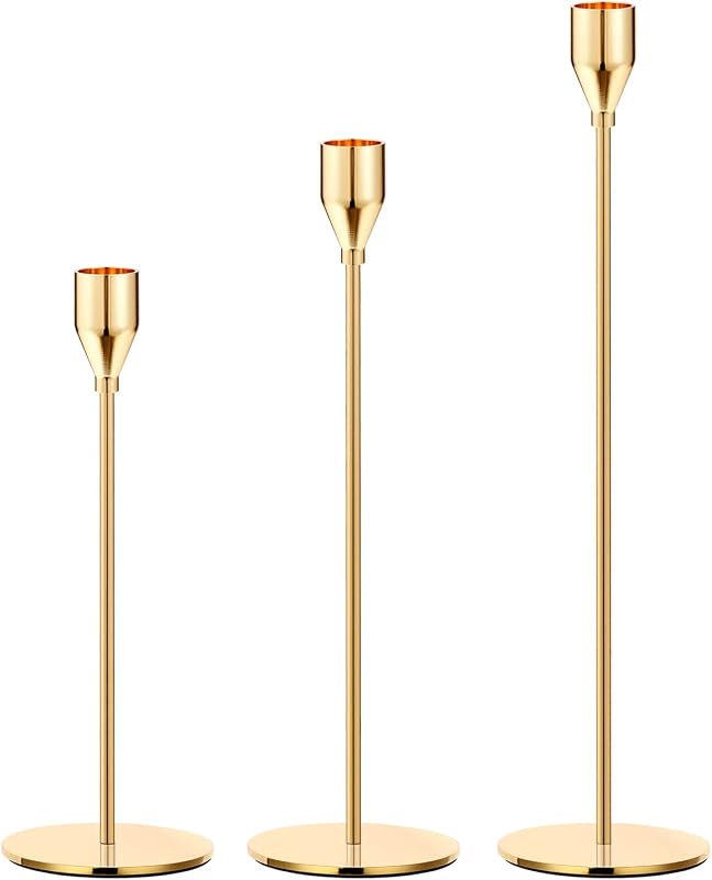 3 Candelabros Dorados para Velas Cónicas Bodas Fiestas
