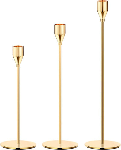 3 Candelabros Dorados para Velas Cónicas Bodas Fiestas