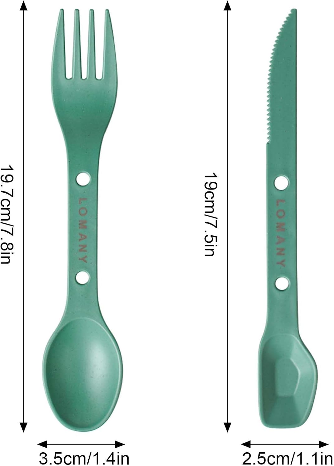 Juego 4en2 utensilios camping reutilizables plástico verde