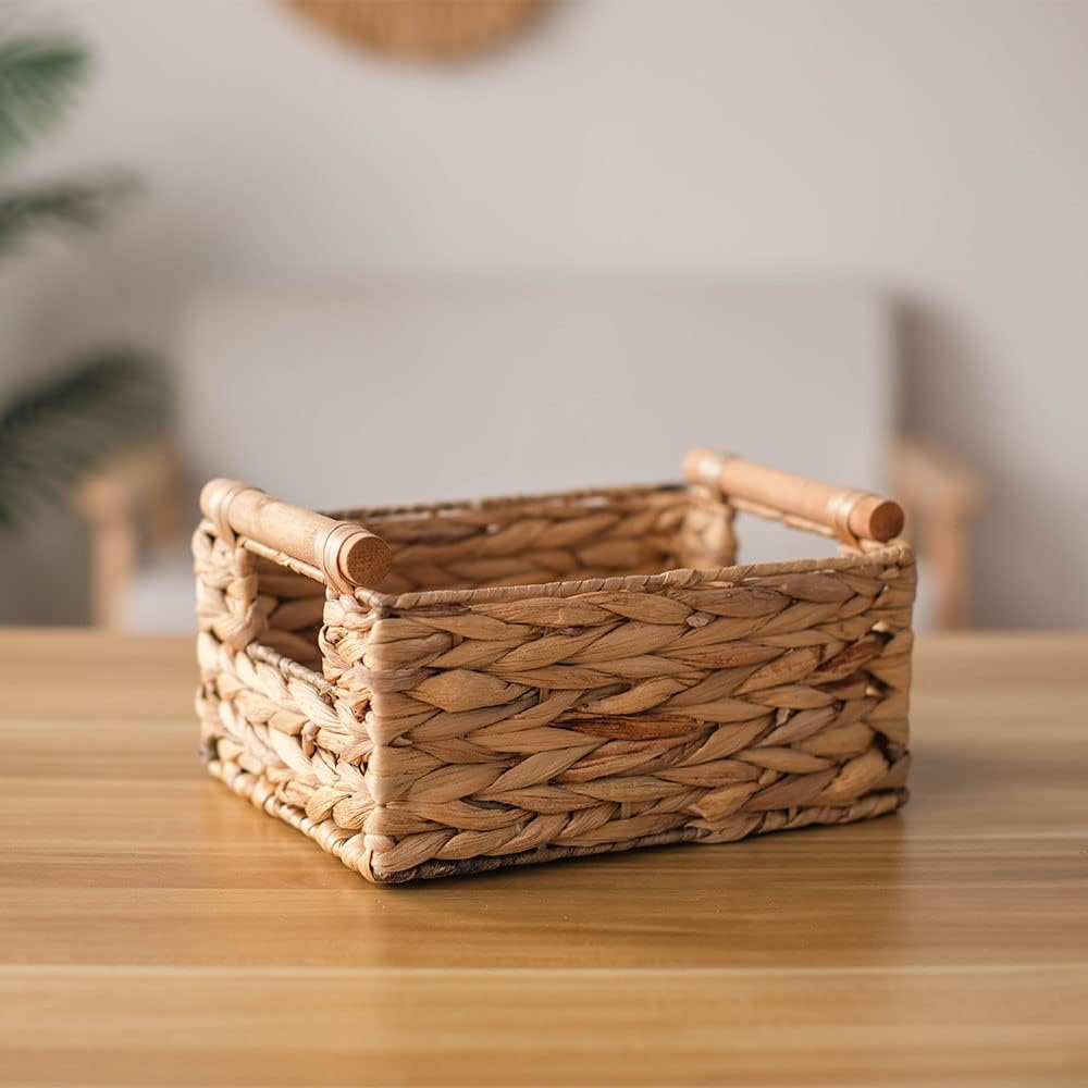 Cesta almacenamiento jacinto agua asas madera natural