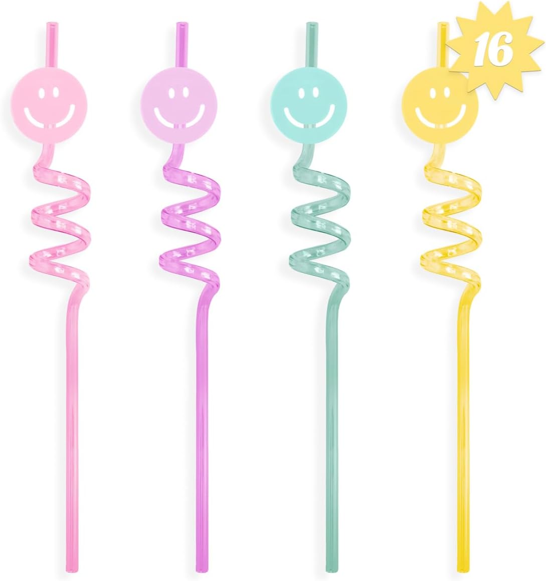 Set 16 Pzas Pajitas Plástico Cara Sonriente Arcoíris