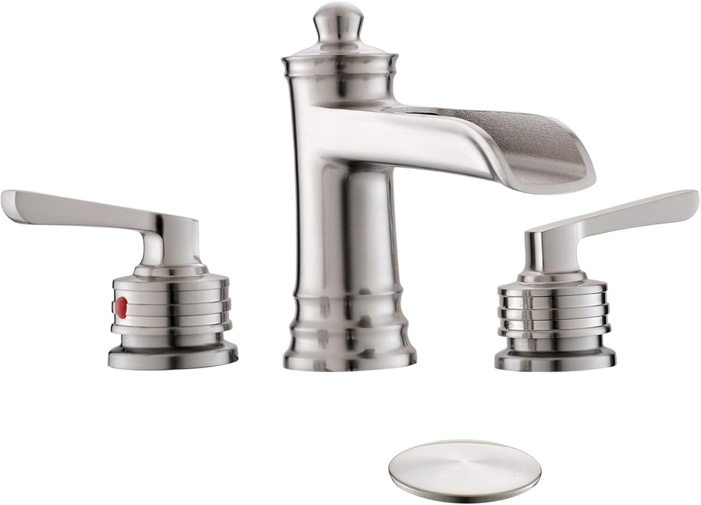 Grifo baño níquel cepillado 8pulg 2 manijas con desagüe
