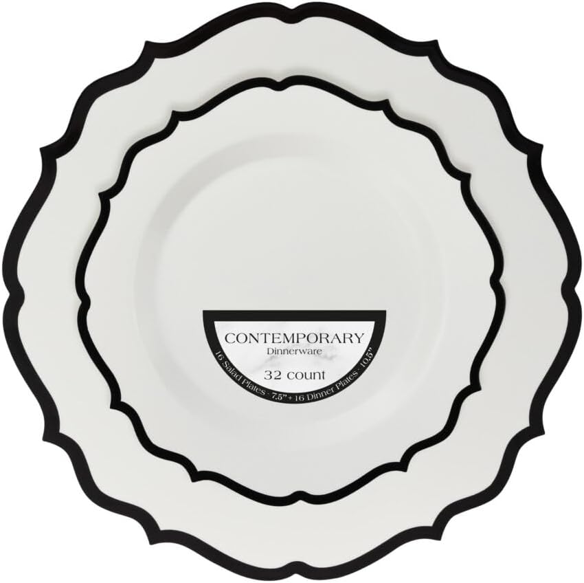 Platos blanco/negro 7.5x10.5 pulg set 128 unidades