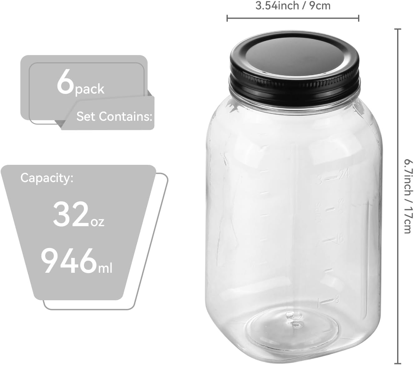 6 Pzas Tarros Plástico Negro 32oz con Tapas