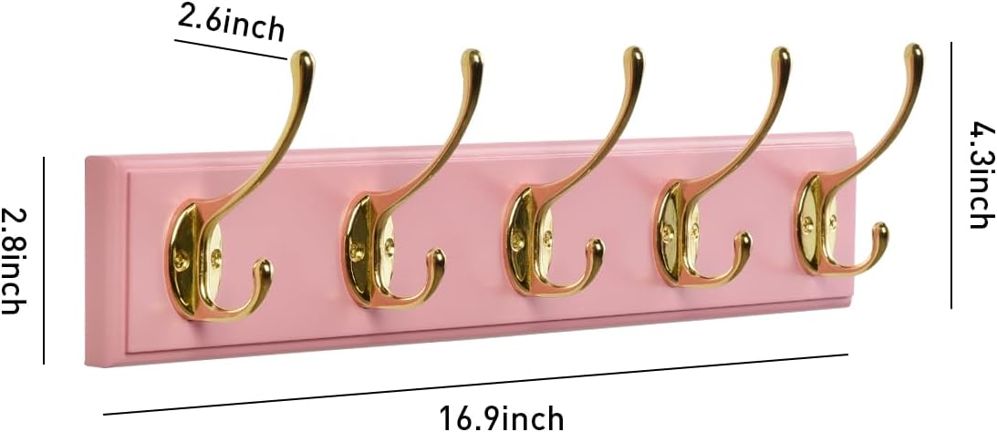 Perchero bambú pared 17" 5 ganchos dobles rosa dorado