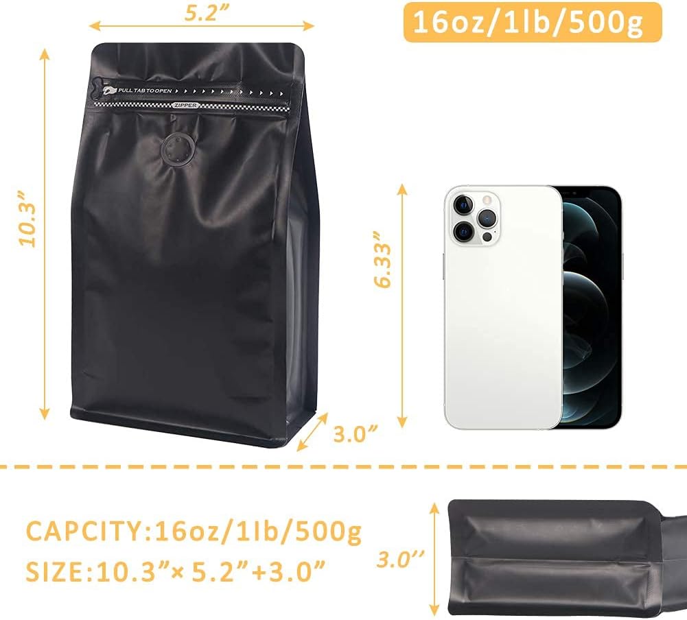 Bolsas café con válvula 16oz aluminio negro 50uds reutiliz.