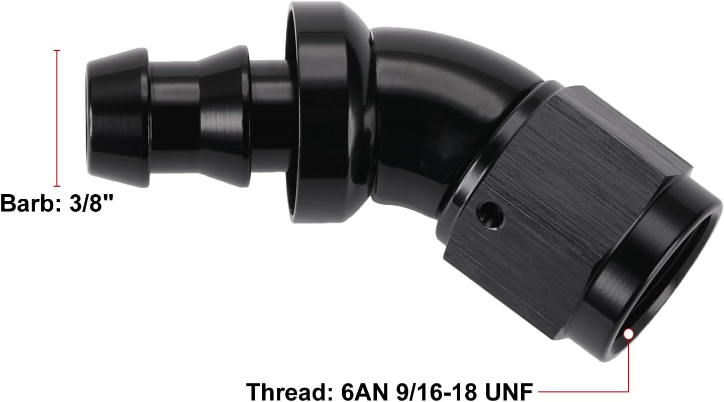 Adaptador codo manguera aluminio negro 45 grados