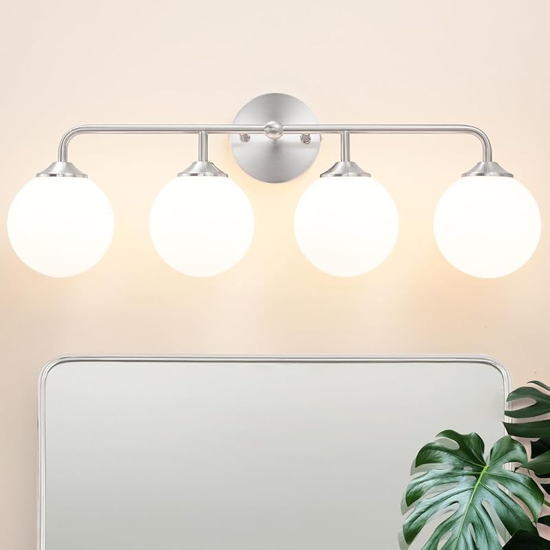 Lámpara baño 4 luces níquel cepillado pantalla vidrio blanco