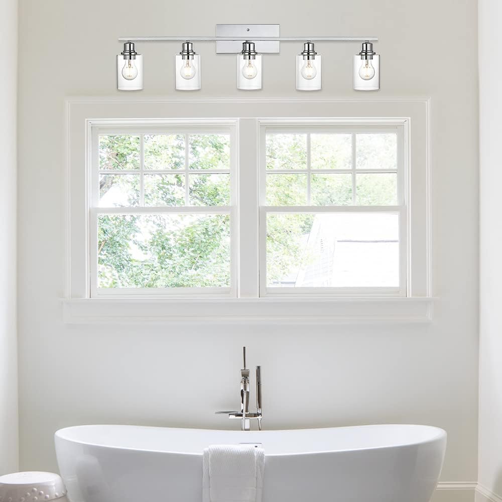 Lámpara baño 5 luces cromo vidrio cilíndrico transparente