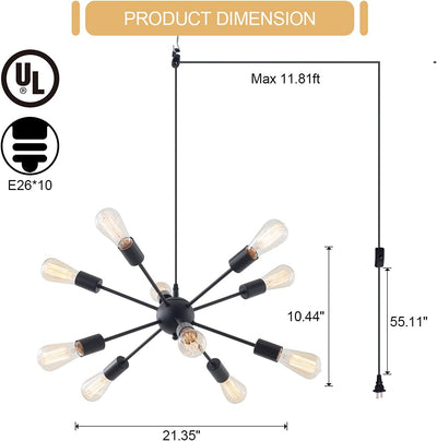Lámpara colgante industrial 10 luces enchufables 16.4ft