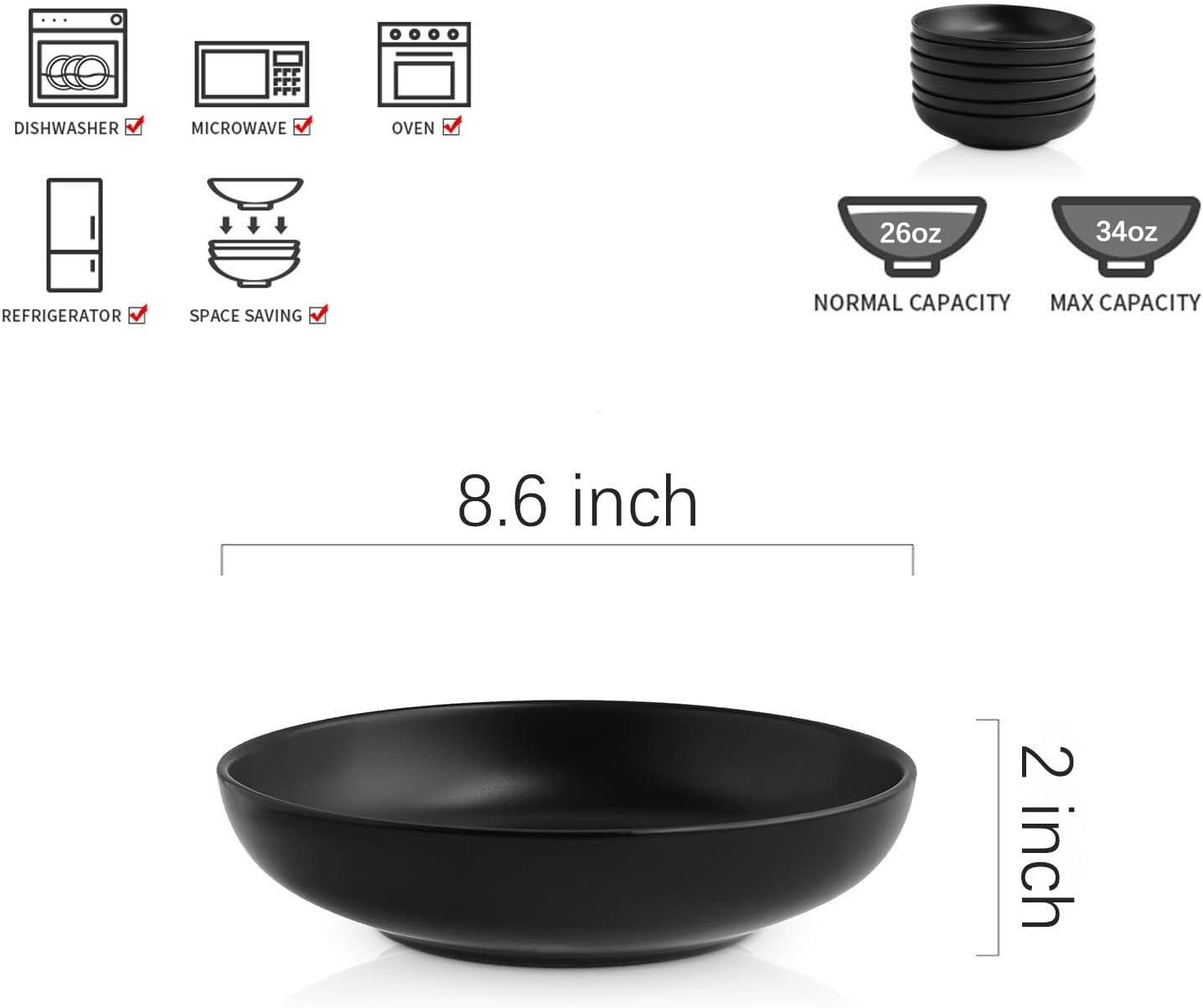 Set 6 Cuencos Porcelana 8.6pulg 34oz Anchos para Servir