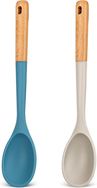 Cucharas silicona antiadherente mango madera 13.2pulg caqui azul