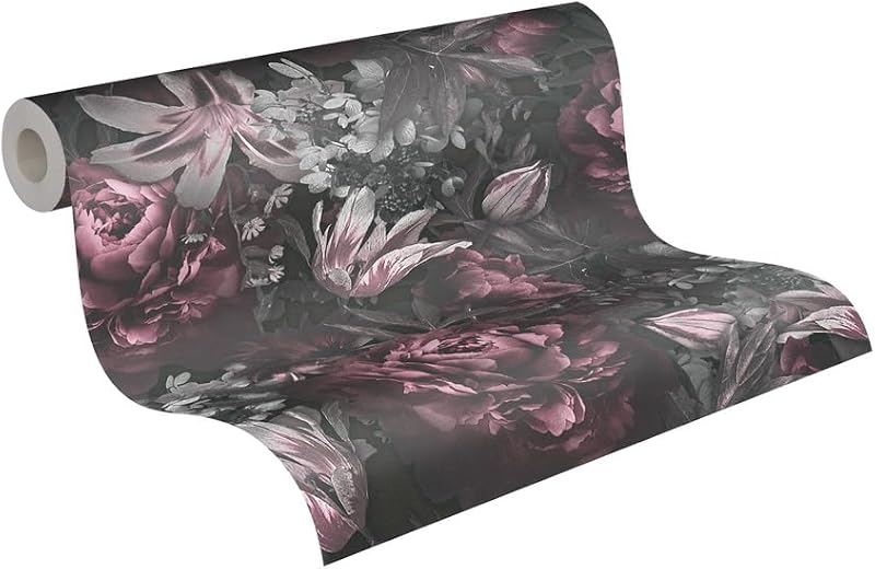 Papel pintado floral negro rosa gris 396x20.87"