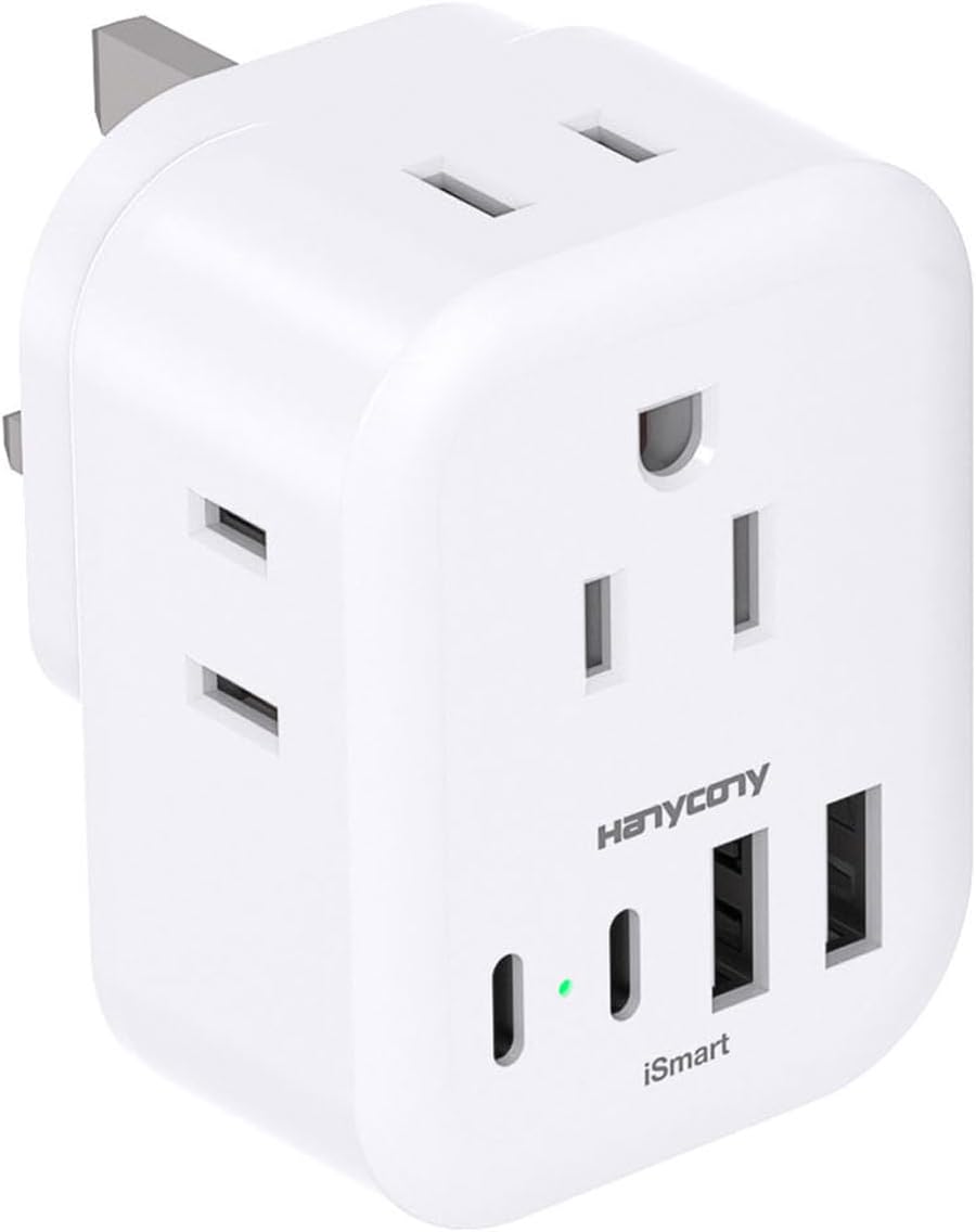 Adaptador enchufe EE.UU. a Reino Unido con 4 puertos USB