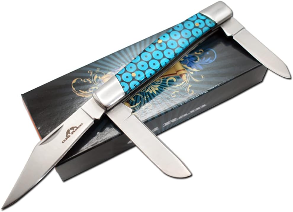 Cuchillo plegable bolsillo 3 hojas mango antideslizante azul
