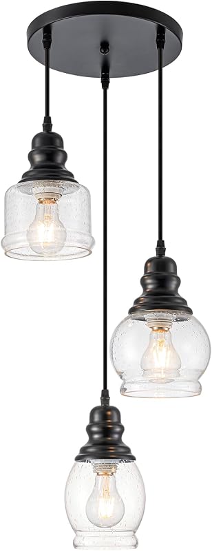 Lámpara colgante 3 luces isla cocina vidrio semillado negro