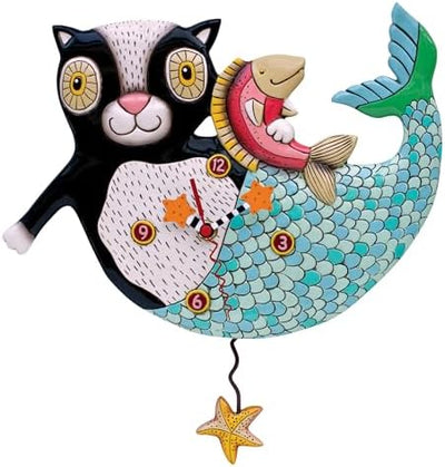 Reloj pared péndulo sirena y gato con pez 12.5pulg