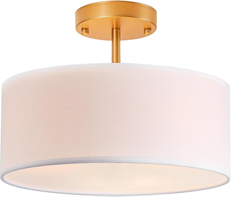 Lámpara techo moderna 3 luces 13" dorado tela blanca