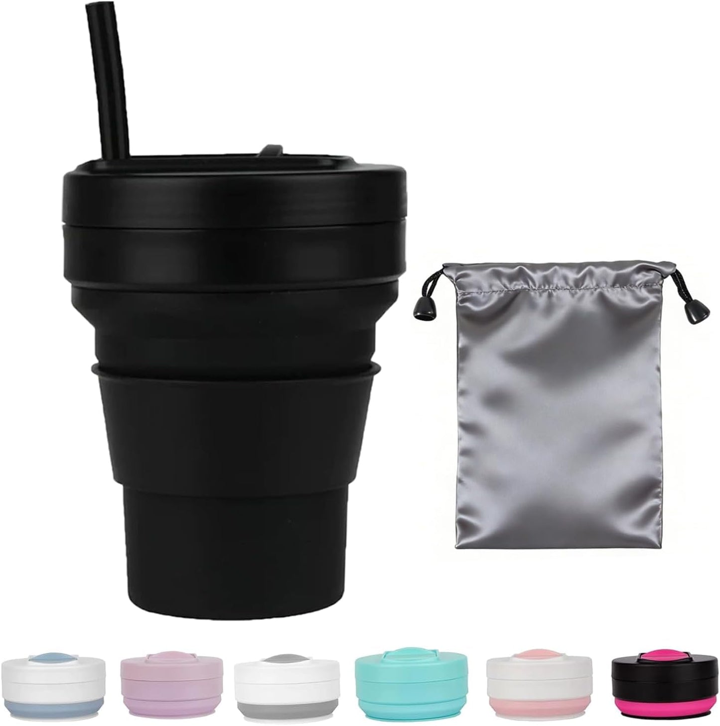 Vaso plegable silicona 15oz con pajilla y tapa color negro
