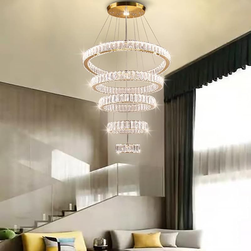 Lámpara colgante LED cristal 5 anillos ajustable