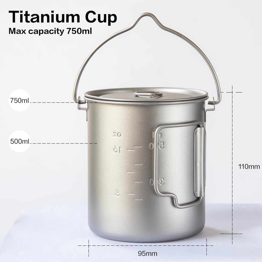 Olla titanio camping 26oz con tapa mango plegable