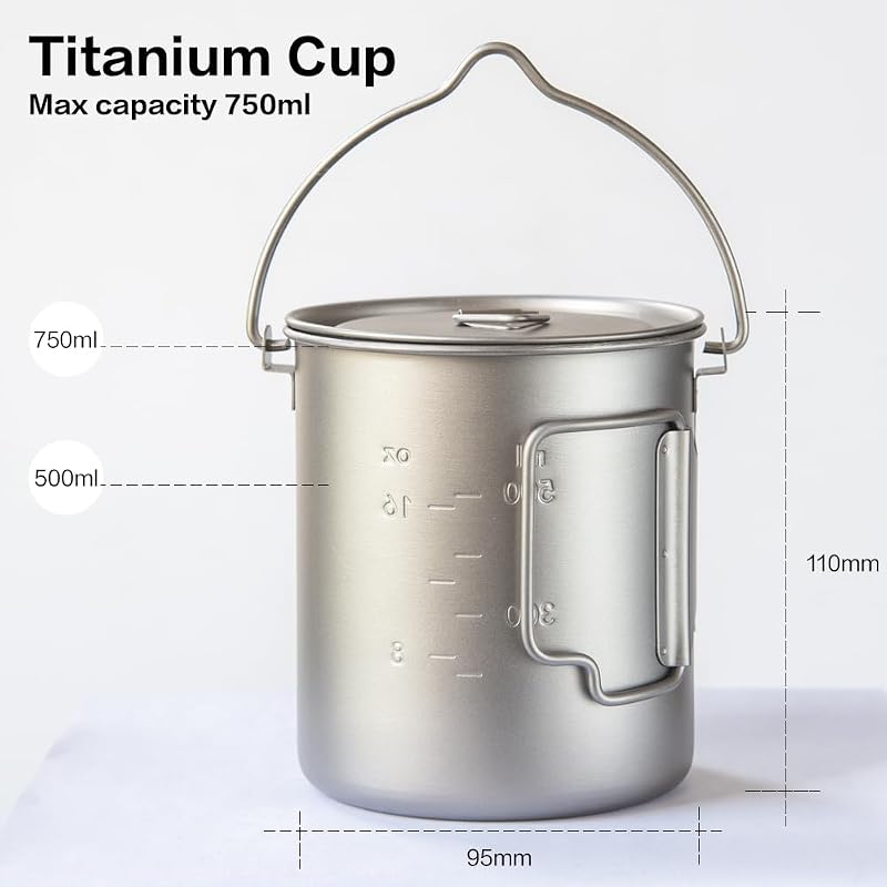 Olla titanio camping 26oz con tapa mango plegable
