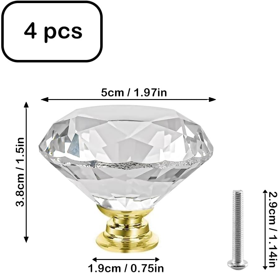 4 Pomos Cristal Diamante para Cajones Puerta Dorado