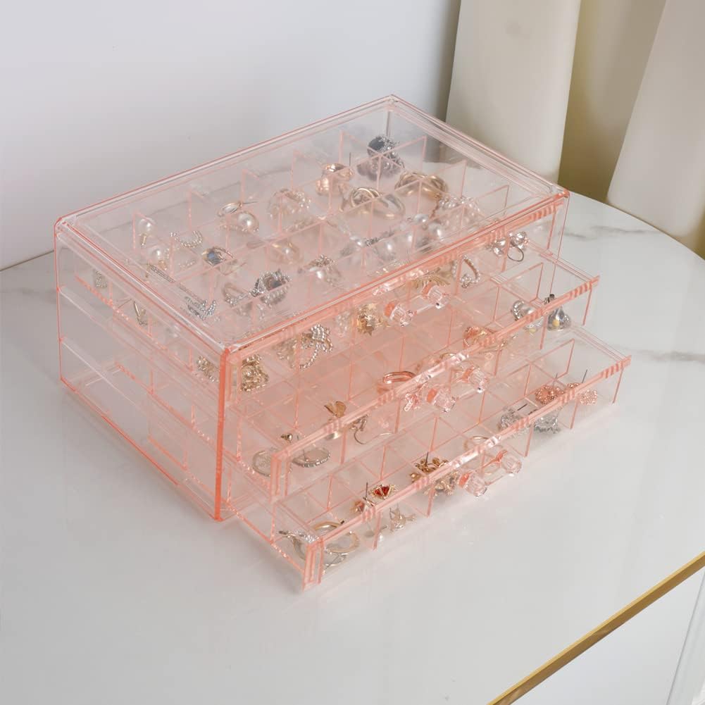 Caja organizadora aretes 3 cajones 72 compartimentos rosa