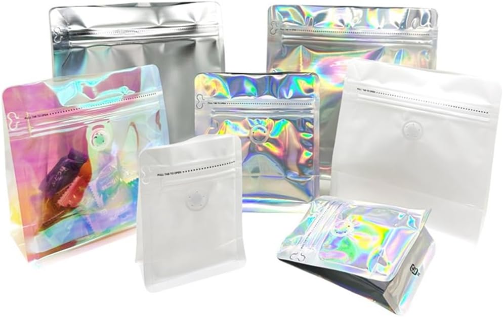 25 Bolsas Café Térmico 8oz Válvula Holográfica Plateado
