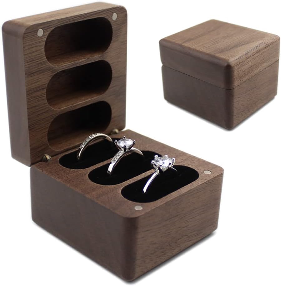 Caja anillos compromiso madera nogal 3 ranuras terciopelo