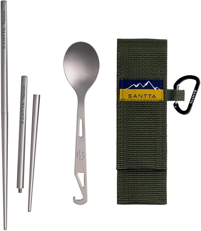 Set palillos y cuchara titanio plegable con bolsa mosquetón