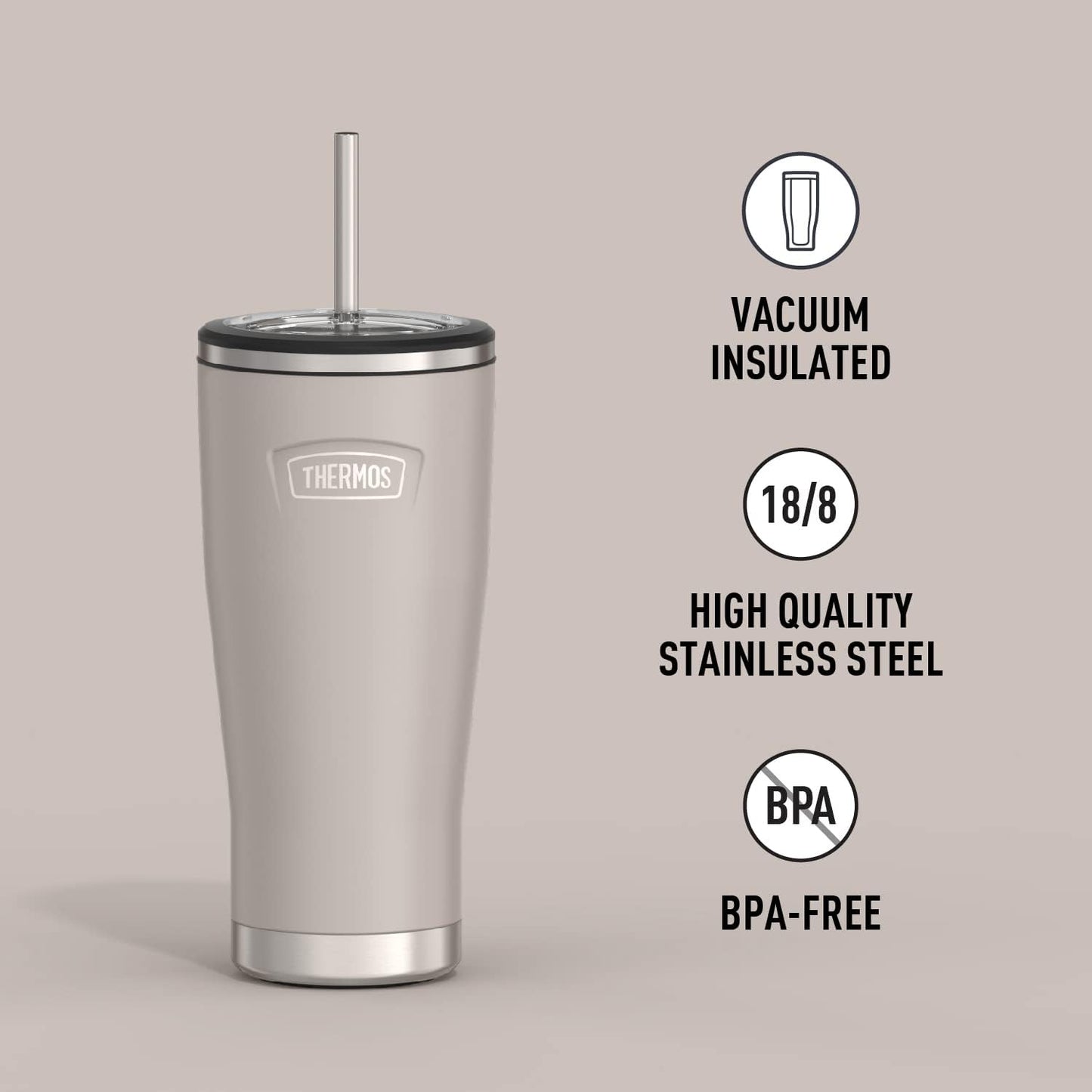 Vaso térmico acero inox con tapa pajita 24oz arenisca